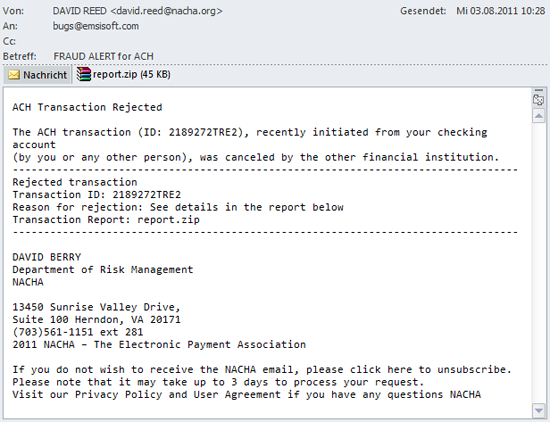 ACH transfer canceled Phishing