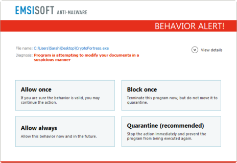 Emsisoft's behavior blocker versus CryptoFortress ransomware.