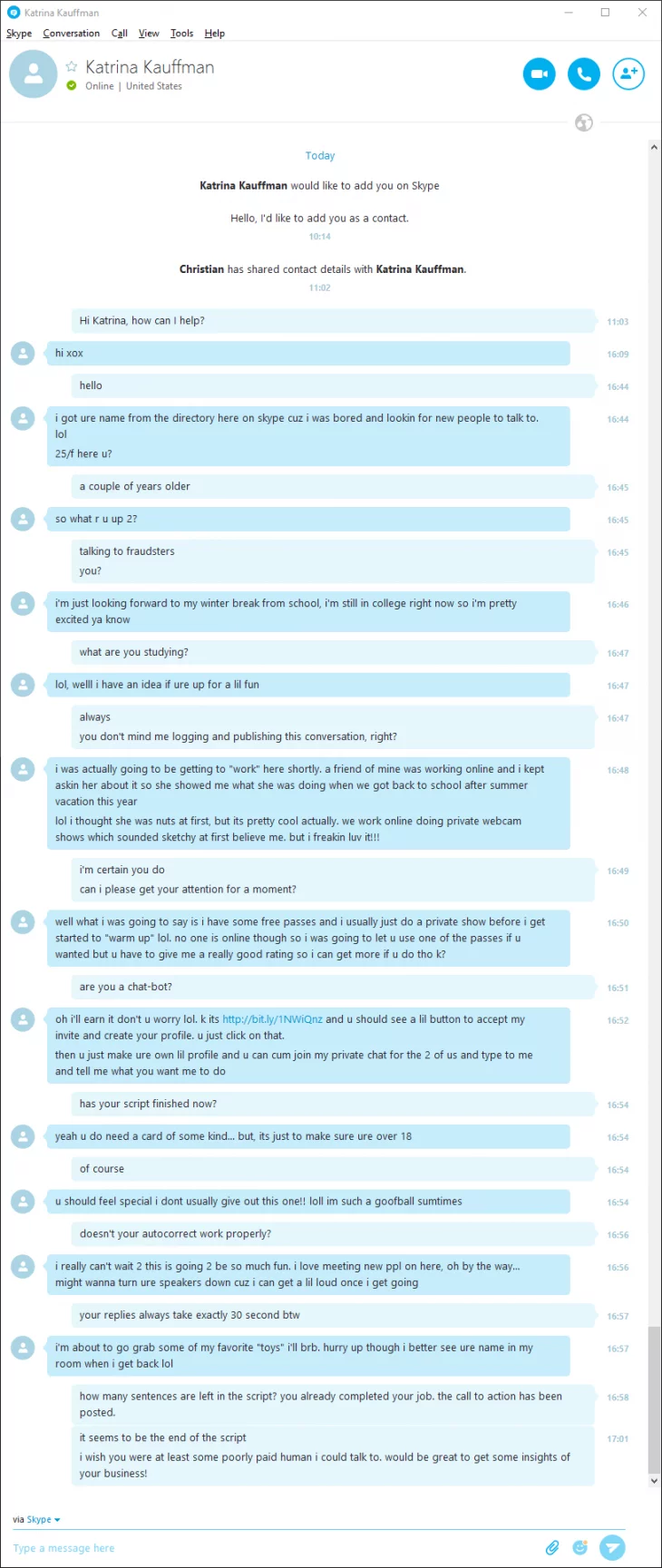 Complete chat dialog with a scam-chatbot on Skype