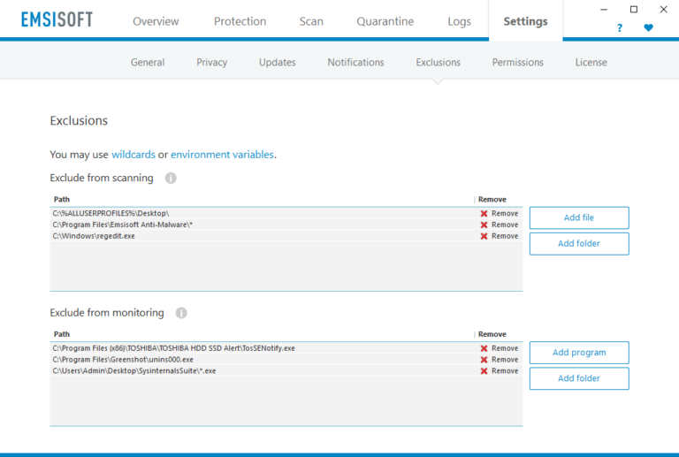 Emsisoft feature highlight Exclusions for scanning and monitoring