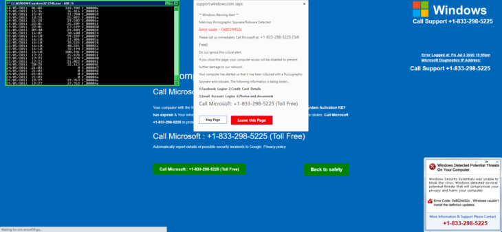"Microsoft tech support" scam sample popup
