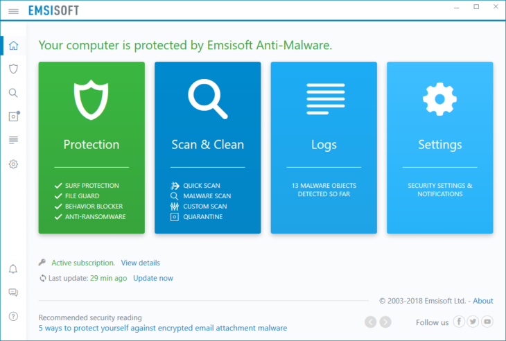 Emsisoft Anti-Malware – Benutzeroberfläche (2018)