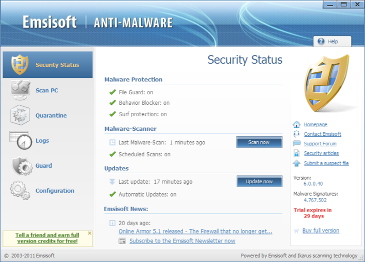 Emsisoft Anti-Malware – Sicherheitsstatus (2003–2011)