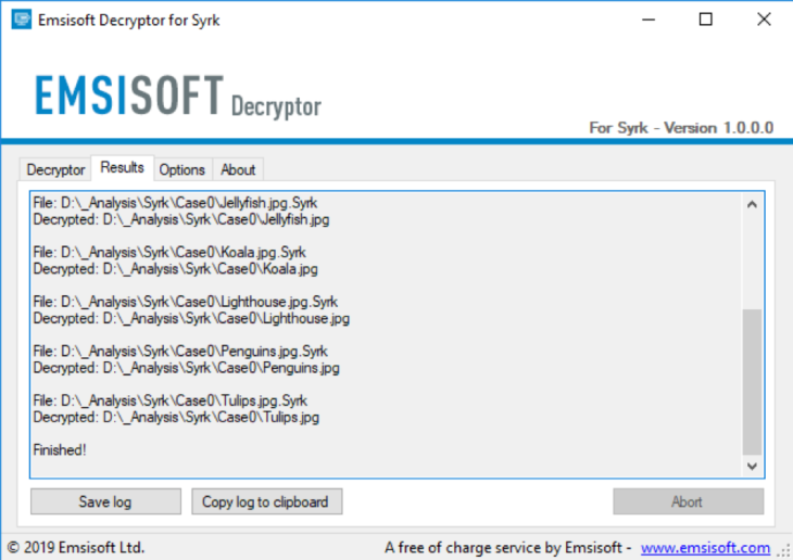 Successful decryption of Syrk using the Emsisoft decryptor