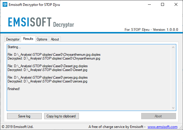 Erfolgreiche Entschlüsselung von STOP Djvu mit dem Emsisoft-Decrypter für STOP Djvu