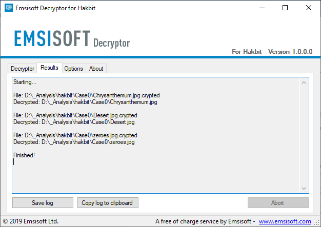 Successful decryption of Hakbit encrypted files
