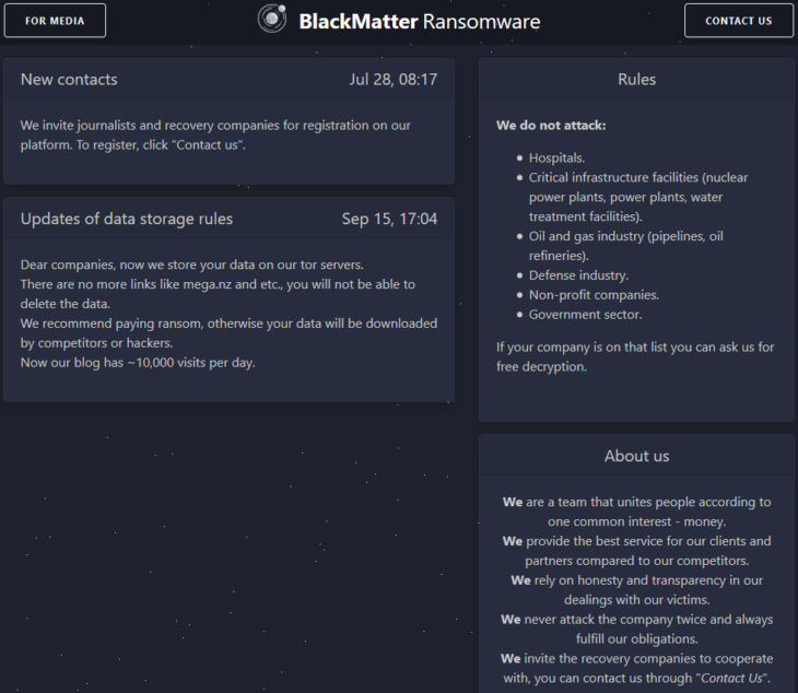 BlackMatter ransomware leak website