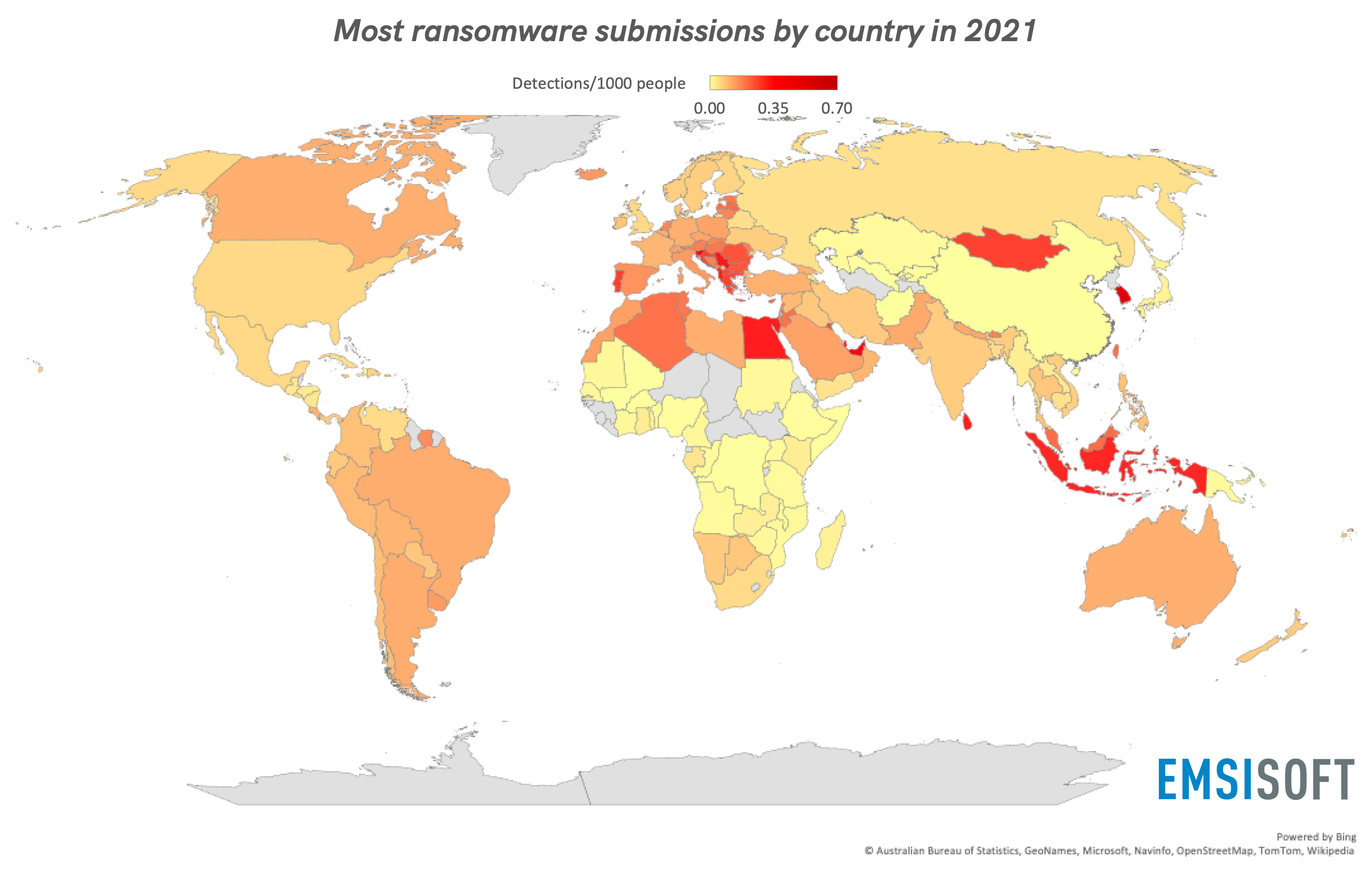 Die meisten Ransomware-Einsendungen nach Land 2021